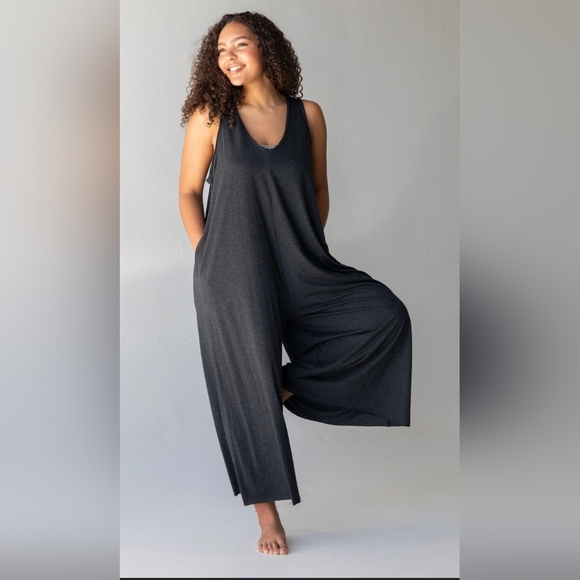 NATURAL LIFE Pants - NATURAL LIFE Knit V Neck Romper One Size Oversized With Pockets Charcoal